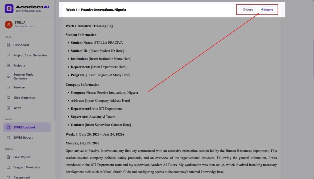 Export Weekly SIWES Logbook Entries